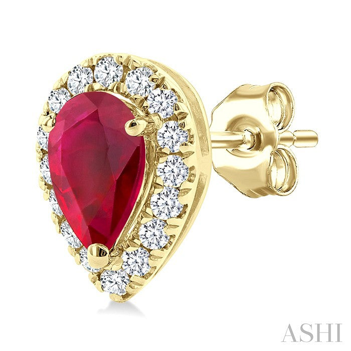 5x3 MM Pear Shape Ruby and 1/8 Ctw Round Cut Diamond Halo Precious Stud Earrings in 14K Yellow Gold