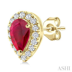 5x3 MM Pear Shape Ruby and 1/8 Ctw Round Cut Diamond Halo Precious Stud Earrings in 14K Yellow Gold