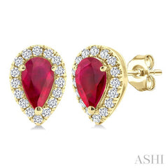 5x3 MM Pear Shape Ruby and 1/8 Ctw Round Cut Diamond Halo Precious Stud Earrings in 14K Yellow Gold