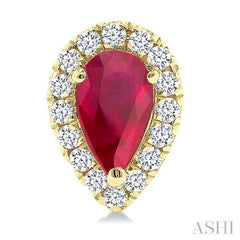 5x3 MM Pear Shape Ruby and 1/8 Ctw Round Cut Diamond Halo Precious Stud Earrings in 14K Yellow Gold
