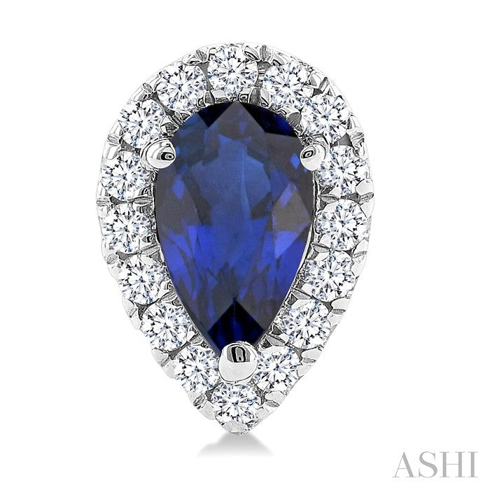 5x3 MM Pear Shape Sapphire and 1/8 Ctw Round Cut Diamond Halo Precious Stud Earrings in 14K White Gold