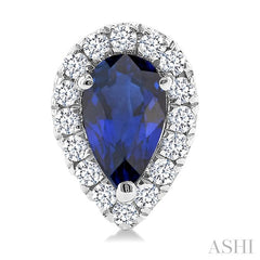 5x3 MM Pear Shape Sapphire and 1/8 Ctw Round Cut Diamond Halo Precious Stud Earrings in 14K White Gold