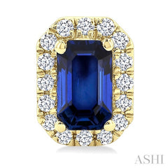 5x3 MM Octagonal Shape Sapphire and 1/8 Ctw Round Cut Diamond Halo Precious Stud Earrings in 14K Yellow Gold
