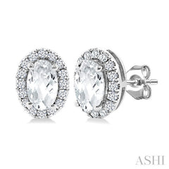 5x3 MM Oval Shape White Topaz and 1/8 Ctw Round Cut Diamond Halo Semi-Precious Stud Earrings in 10K White Gold