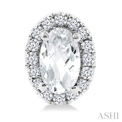 5x3 MM Oval Shape White Topaz and 1/8 Ctw Round Cut Diamond Halo Semi-Precious Stud Earrings in 10K White Gold
