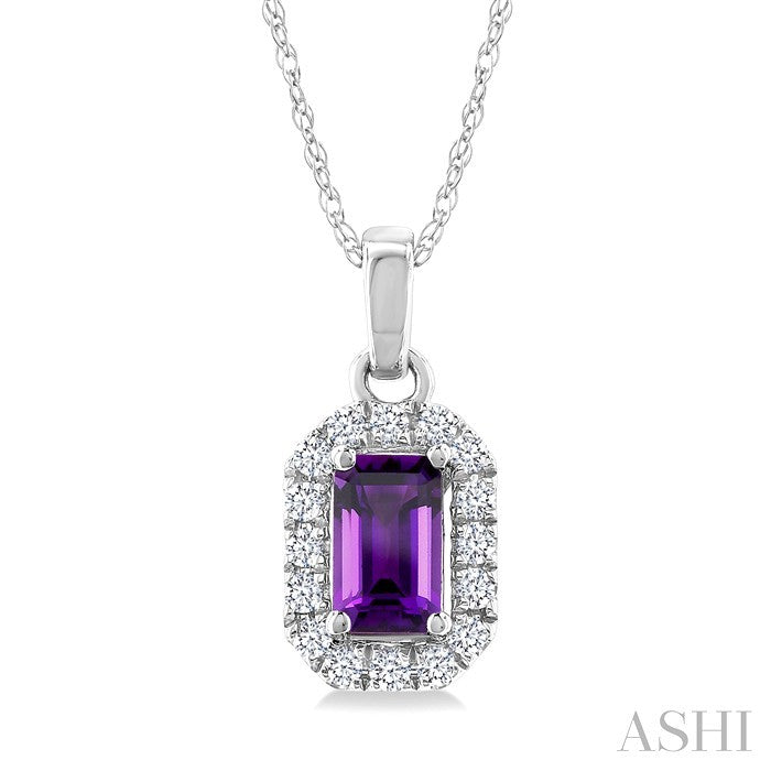 5x3 MM Octagonal Shape Amethyst and 1/20 Ctw Round Cut Diamond Halo Semi-Precious Pendant with Chain in 14K White Gold