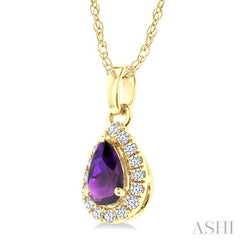 5x3 MM Pear Shape Amethyst and 1/20 Ctw Round Cut Diamond Halo Semi-Precious Pendant with Chain in 14K Yellow Gold