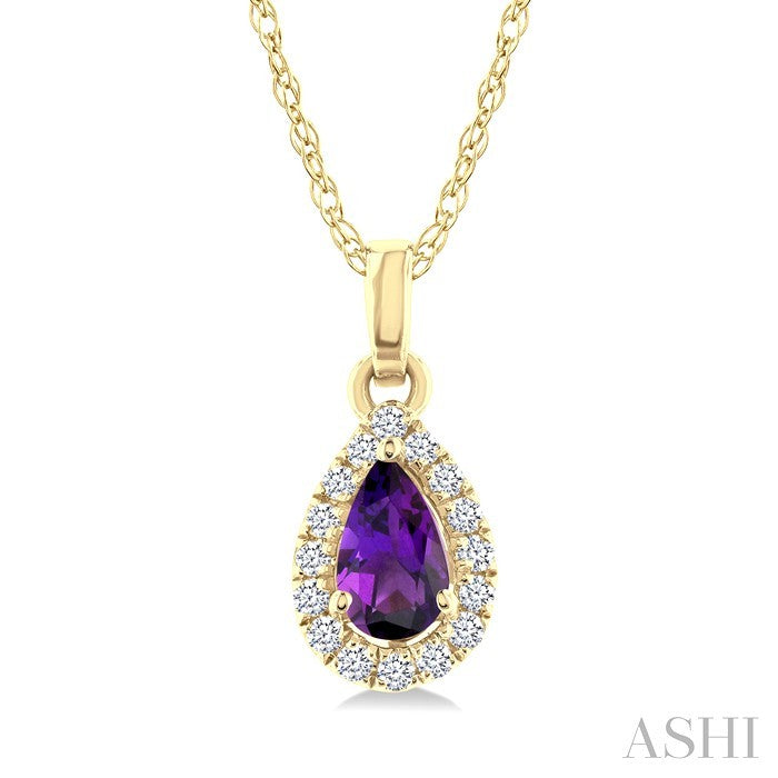 5x3 MM Pear Shape Amethyst and 1/20 Ctw Round Cut Diamond Halo Semi-Precious Pendant with Chain in 14K Yellow Gold