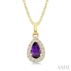 5x3 MM Pear Shape Amethyst and 1/20 Ctw Round Cut Diamond Halo Semi-Precious Pendant with Chain in 14K Yellow Gold
