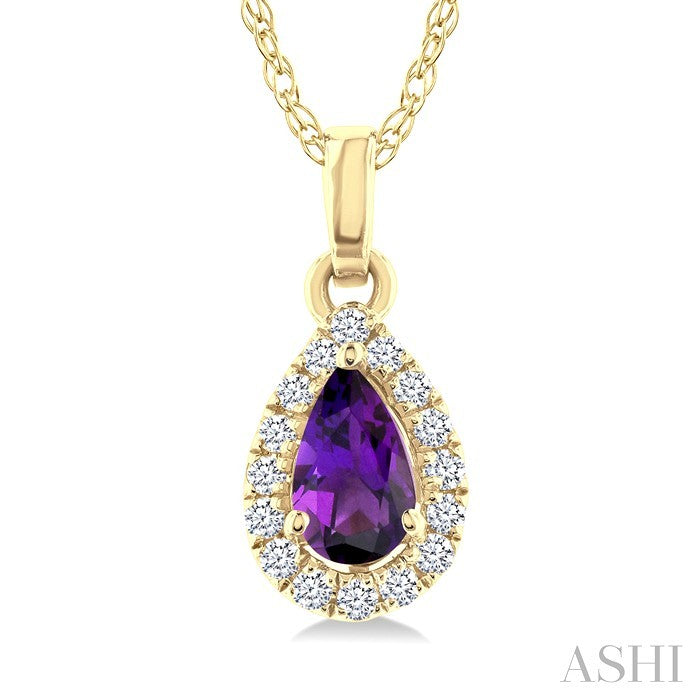 5x3 MM Pear Shape Amethyst and 1/20 Ctw Round Cut Diamond Halo Semi-Precious Pendant with Chain in 14K Yellow Gold