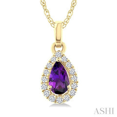 5x3 MM Pear Shape Amethyst and 1/20 Ctw Round Cut Diamond Halo Semi-Precious Pendant with Chain in 14K Yellow Gold
