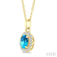 5x3 MM Oval Shape Blue Topaz and 1/20 Ctw Round Cut Diamond Halo Semi-Precious Pendant with Chain in 14K Yellow Gold