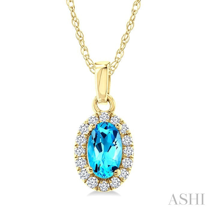 5x3 MM Oval Shape Blue Topaz and 1/20 Ctw Round Cut Diamond Halo Semi-Precious Pendant with Chain in 14K Yellow Gold