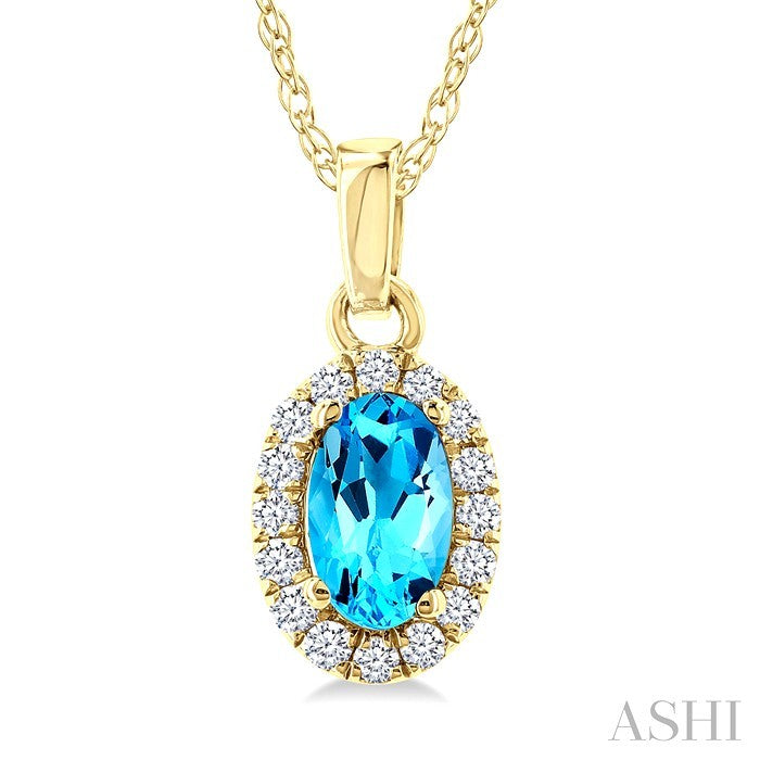 5x3 MM Oval Shape Blue Topaz and 1/20 Ctw Round Cut Diamond Halo Semi-Precious Pendant with Chain in 14K Yellow Gold