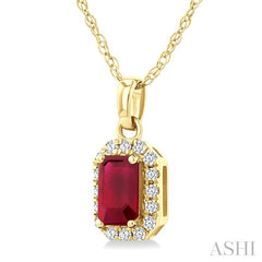 5x3 MM Octagonal Shape Ruby and 1/20 Ctw Round Cut Diamond Halo Precious Pendant with Chain in 14K Yellow Gold