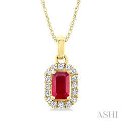 5x3 MM Octagonal Shape Ruby and 1/20 Ctw Round Cut Diamond Halo Precious Pendant with Chain in 14K Yellow Gold