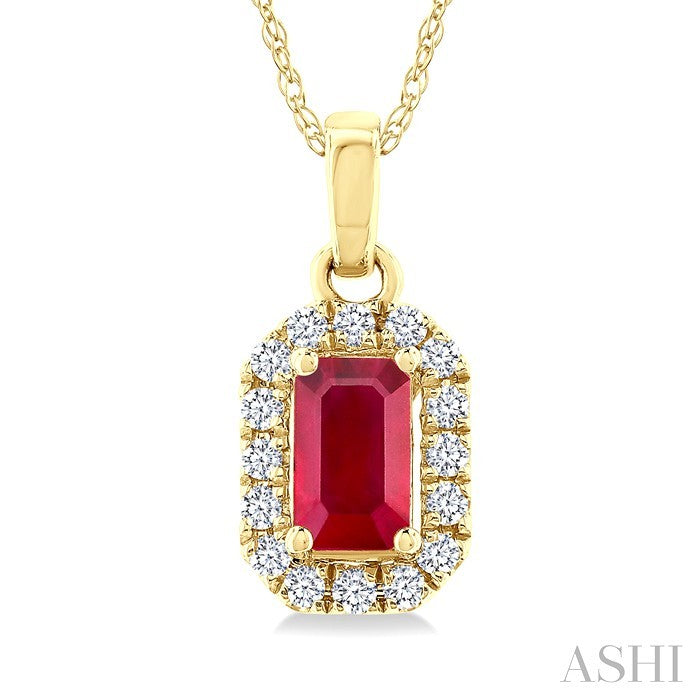 5x3 MM Octagonal Shape Ruby and 1/20 Ctw Round Cut Diamond Halo Precious Pendant with Chain in 14K Yellow Gold
