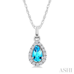 5x3 MM Pear Shape Blue Topaz and 1/20 Ctw Round Cut Diamond Halo Semi-Precious Pendant with Chain in 10K White Gold