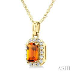 5x3 MM Octagonal Shape Citrine and 1/20 Ctw Round Cut Diamond Halo Semi-Precious Pendant with Chain in 10K Yellow Gold