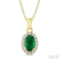 5x3 MM Oval Shape Emerald and 1/20 Ctw Round Cut Diamond Halo Precious Pendant with Chain in 10K Yellow Gold