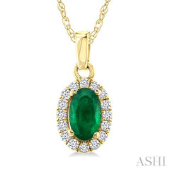 5x3 MM Oval Shape Emerald and 1/20 Ctw Round Cut Diamond Halo Precious Pendant with Chain in 10K Yellow Gold