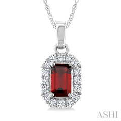 5x3 MM Octagonal Shape Garnet and 1/20 Ctw Round Cut Diamond Halo Semi-Precious Pendant with Chain in 10K White Gold