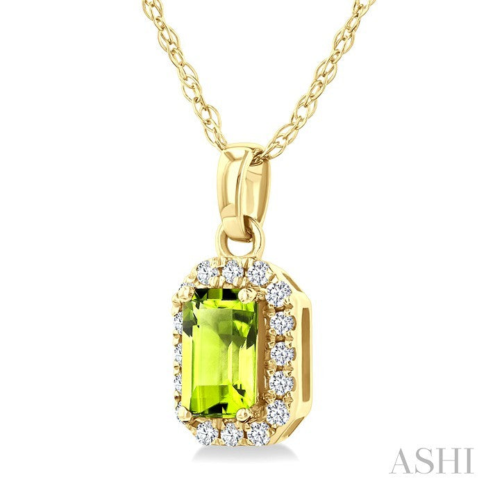 5x3 MM Octagonal Shape Peridot and 1/20 Ctw Round Cut Diamond Halo Semi-Precious Pendant with Chain in 10K Yellow Gold