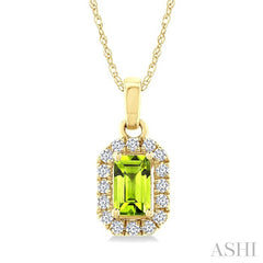 5x3 MM Octagonal Shape Peridot and 1/20 Ctw Round Cut Diamond Halo Semi-Precious Pendant with Chain in 10K Yellow Gold