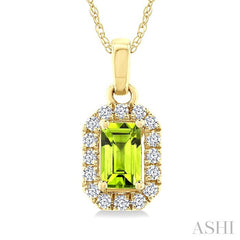5x3 MM Octagonal Shape Peridot and 1/20 Ctw Round Cut Diamond Halo Semi-Precious Pendant with Chain in 10K Yellow Gold