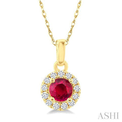 3.25 MM Round Ruby and 1/20 Ctw Round Cut Diamond Halo Precious Pendant with Chain in 10K Yellow Gold
