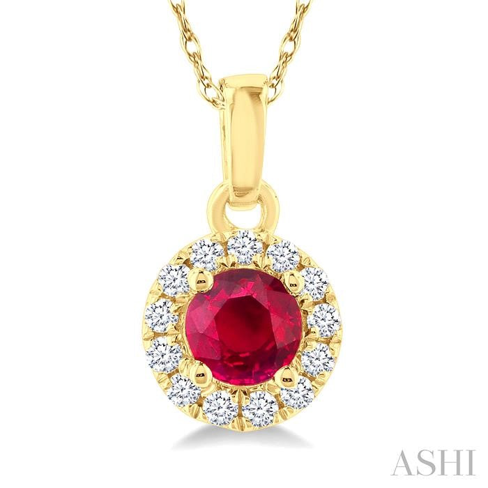3.25 MM Round Ruby and 1/20 Ctw Round Cut Diamond Halo Precious Pendant with Chain in 10K Yellow Gold