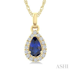 5x3 MM Pear Shape Sapphire and 1/20 Ctw Round Cut Diamond Halo Precious Pendant with Chain in 10K Yellow Gold