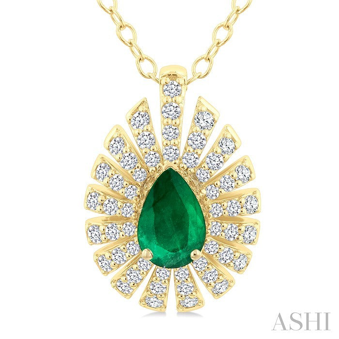 1/3 Ctw Starburst 6X4MM Pear Cut Emerald and Round Cut Diamond Precious Pendant With Chain in 14K Yellow Gold