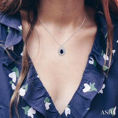 6X4 MM Pear Cut Sapphire and 1/3 Ctw Starburst Round Cut Diamond Precious Pendant With Chain in 14K White Gold