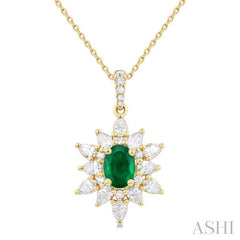 7x5 MM Oval Cut Emerald and 1 Ctw Pear & Round Cut Diamond Precious Pendant With Chain in 14K Yellow Gold