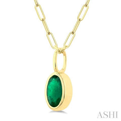 6x4 MM Bezel Set Oval Cut Emerald Precious Fashion Pendant With Paperclip Chain in 14K Yellow Gold