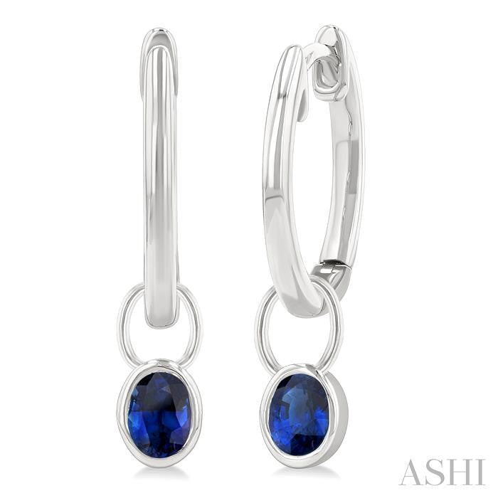 5x3 MM Bezel Set Oval Cut Sapphire Precious Fashion Huggie Earrings in 10K White Gold
