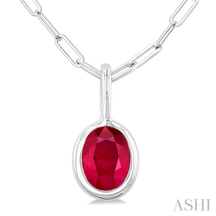 6x4 MM Bezel Set Oval Cut Ruby Precious Fashion Pendant With Paperclip Chain in 10K White Gold
