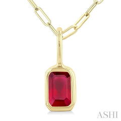 6x4 MM Bezel Set Emerald Cut Ruby Precious Fashion Pendant With Paperclip Chain in 10K Yellow Gold