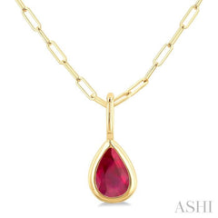 6x4 MM Bezel Set Pear Cut Ruby Precious Fashion Pendant With Paperclip Chain in 10K Yellow Gold