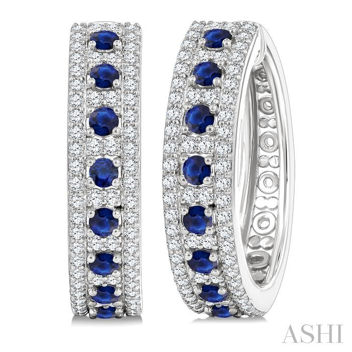 3/4 Ctw 2.00MM Round Cut Sapphire and Round Cut Diamond Precious Hoop Earring in 14K White Gold