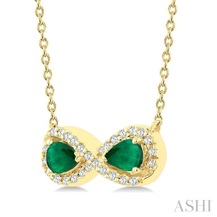 4X3 MM Pear Shape Emerald and 1/10 Ctw Round Cut Diamond Precious Infinite Halo Pendant With Chain in 10K Yellow Gold