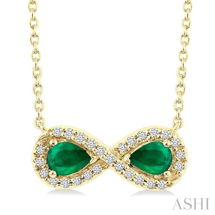 4X3 MM Pear Shape Emerald and 1/10 Ctw Round Cut Diamond Precious Infinite Halo Pendant With Chain in 10K Yellow Gold