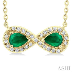 4X3 MM Pear Shape Emerald and 1/10 Ctw Round Cut Diamond Precious Infinite Halo Pendant With Chain in 10K Yellow Gold