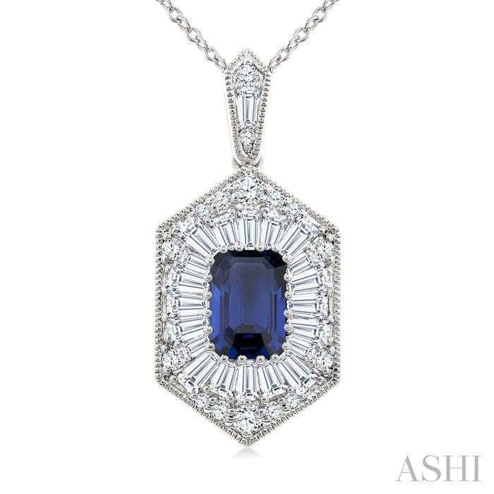 1/2 Ctw Art Deco Hexagon 6X4MM Octagon Shape Sapphire, Baguette and Round Cut Diamond Precious Pendant With Chain in 14K White Gold