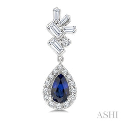 5X3MM Pear Cut Sapphire, Round and  1/3 Ctw  Baguette Cut Scatter Diamond Precious Fashion earrings in 10K White Gold