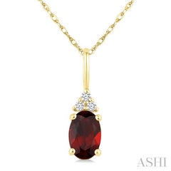 1/50 Ctw Oval Cut 6X4 MM Garnet and Round Cut Diamond Semi-Precious Pendant With Chain in 10K Yellow Gold