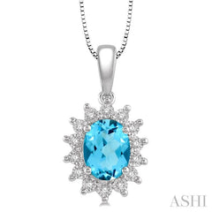 8X6 MM Oval Shape Blue Topaz and 1/10 Ctw Round Cut Diamond Semi-Precious Pendant With Chain in 10K White Gold