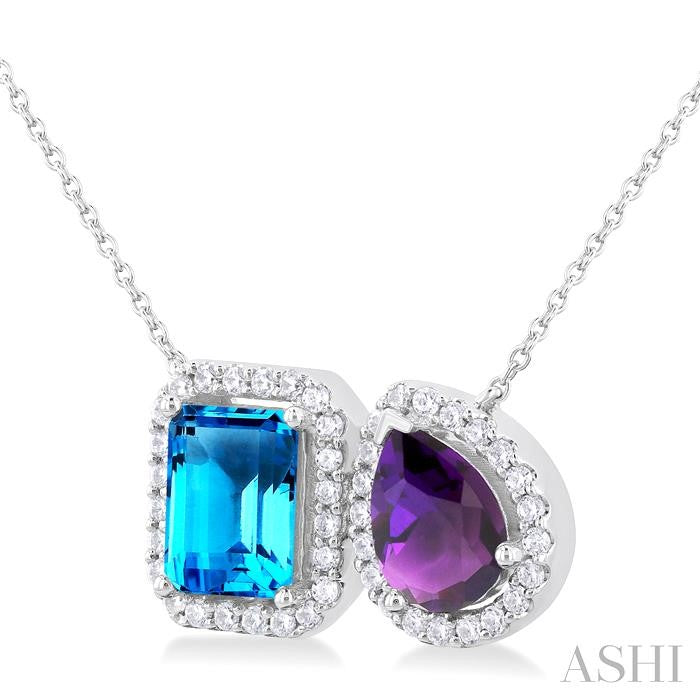 8X6 MM Emerald Cut Blue Topaz and Pear Cut Amethyst and 1/3 Ctw Toi Et Moi Round Cut Diamond Semi-Precious Fashion Pendant With Chain 14K White Gold