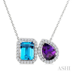 8X6 MM Emerald Cut Blue Topaz and Pear Cut Amethyst and 1/3 Ctw Toi Et Moi Round Cut Diamond Semi-Precious Fashion Pendant With Chain 14K White Gold
